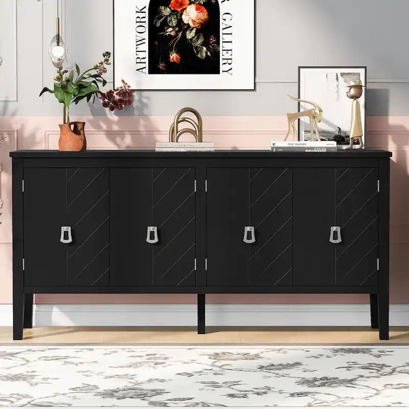 NEW Four-Door Sideboard Console Table with Geometric Line Patterns and Vintage Metal Handles for Timeless Elegance