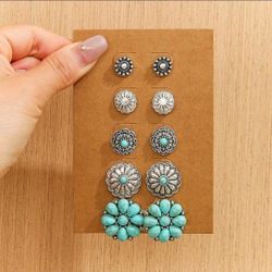 5 Pairs Retro Circular Flower Turquoise Earrings Set
