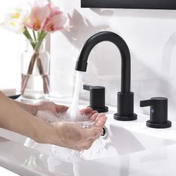 Phiestina Matte Black 8-Inch Widespread Bathroom Faucet with Copper Pop-Up Drain