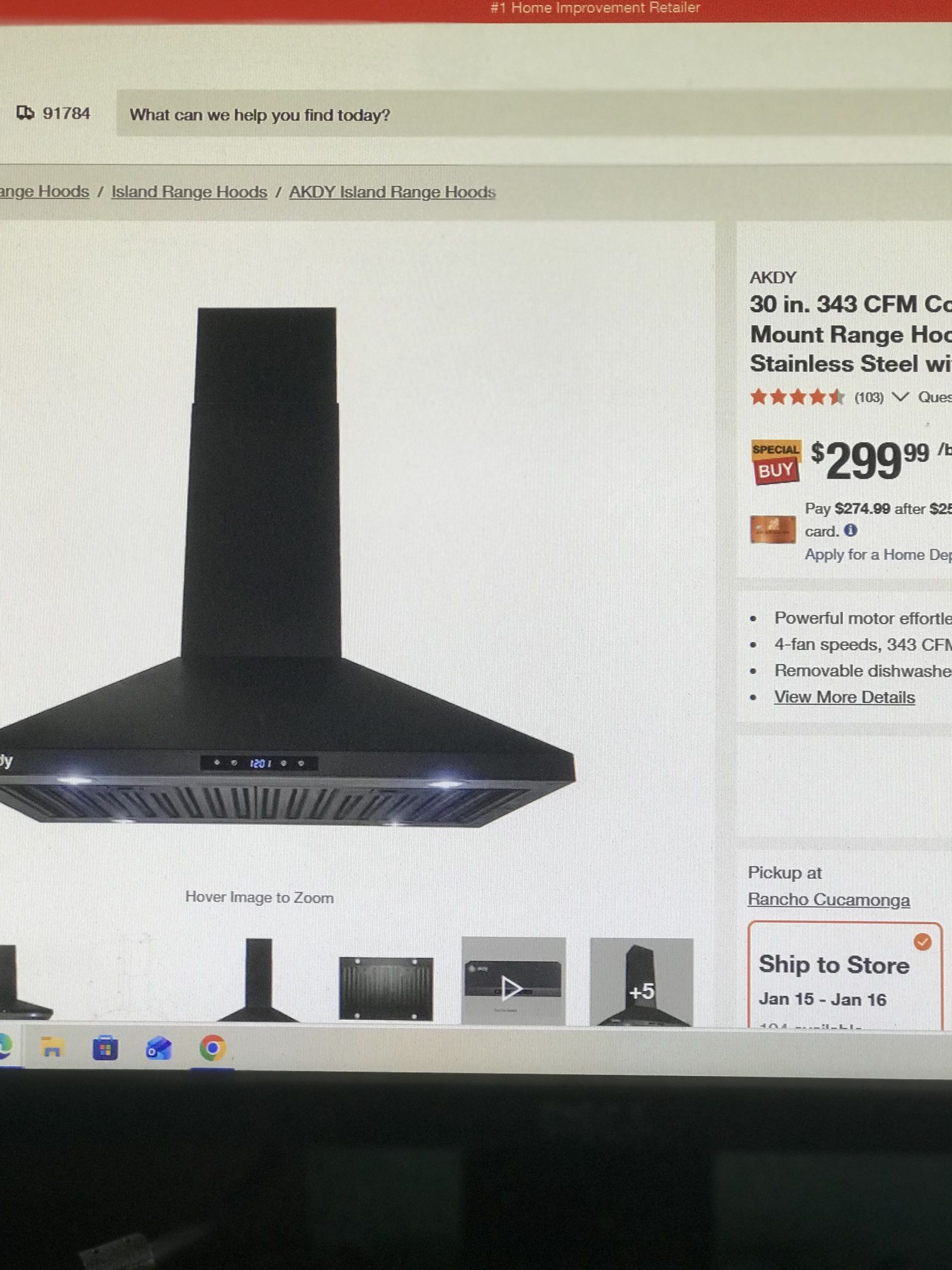 AKDY 30in.342 CFM Convertible Kitchen Island Mount Range Hood in Black Painted Stainless Steel With Touch Control