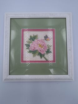 Vintage Floral & Butterfly Embroidered White Resin Framed Picture