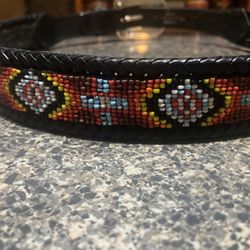 Ladies Leather Belt, S, With Native American Beading, Sterling Silver Buckle