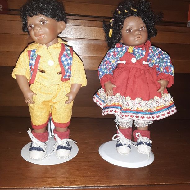2 Vintage African American Porcelain Dolls A Boy And A Girl