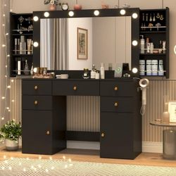 Black Vanity Desk with Large Lighted Mirror & Power Outlet, Makeup Vanity Table with Glass Top & Drawers, Sliding Storage, 44.1" Large Makeup Vanity T