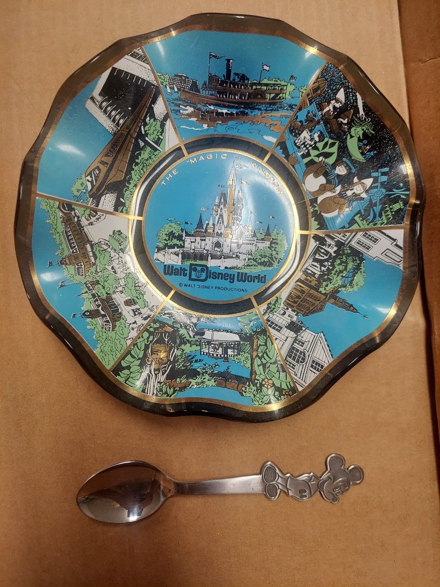 Vintage Walt Disney World Plate And Mickey Mouse Spoon