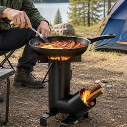 New In Box Rocket Burner Wood Burning Outdoor Steel Camping Cooking Stove With Pan And Cook Utensil