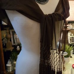 Brown Sheer Scarf With Tassel Fringe