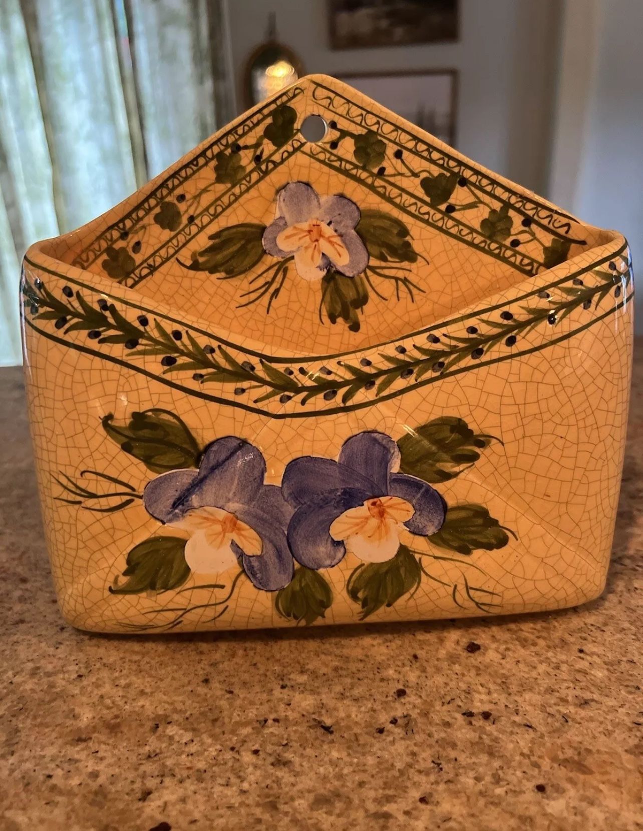 Painted Ceramic Envelope Wall Pocket Vase/Mail Holder- Floral