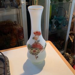 Vintage Frosted Glass Flute White Vase Floral Design Hand Painted 10" Tall