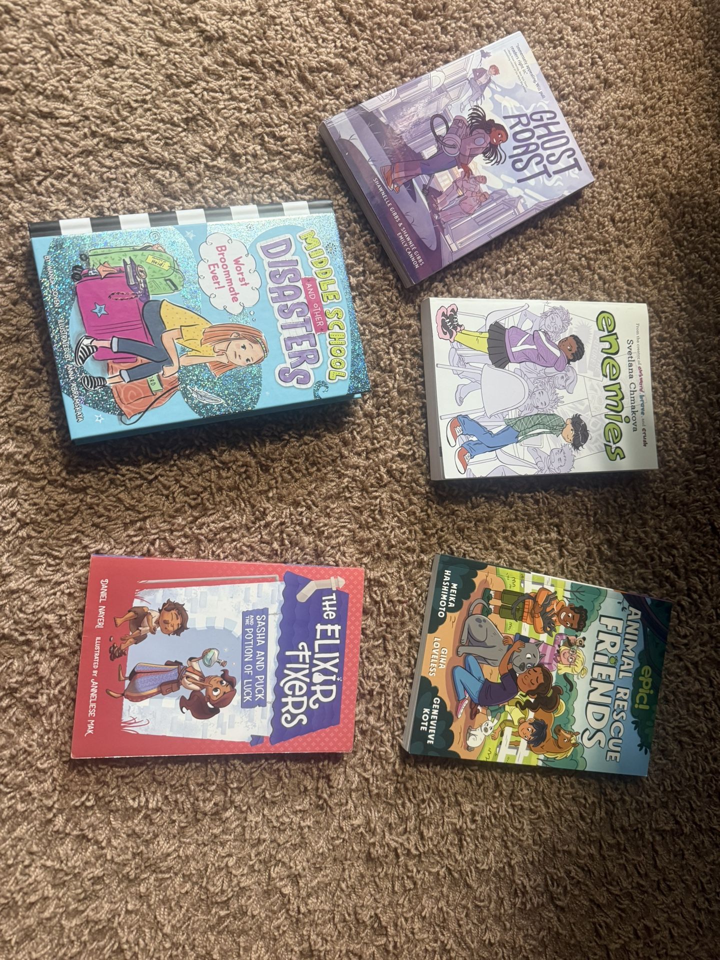5 fiction books. 3 comics, 2 chapters books Some are new