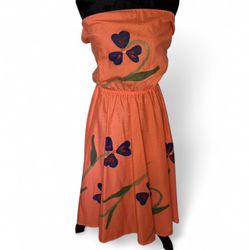 Vintage Handmade Orange Tie in Back Dress with Painted Purple Floral Design