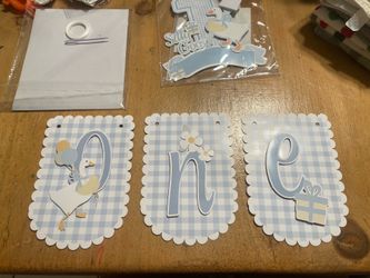 Baby boy birthday banner “one” for first bday and cake topper that has the number 1 and a spot for name (comes with letters)