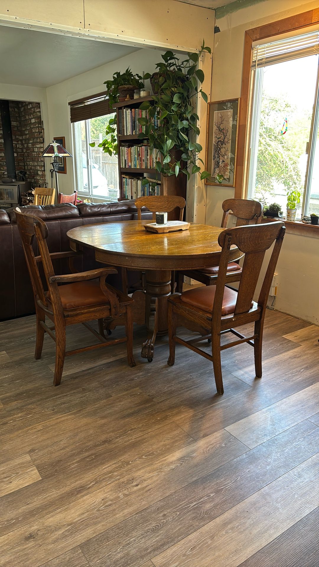 Antique Dining Table And Four Leather Seated Chairs