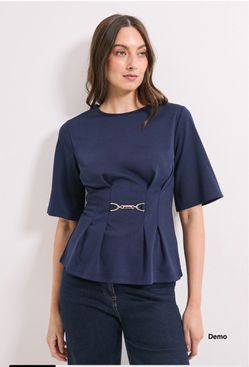 PRINCIPLES Trim Pleat Detail Ponte Top - Navy (UK18/XL)