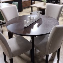 Round Dining Set With 4 Beige Fabric Chairs 