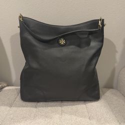 Tory Burch Black Pebbled Leather Shoulder Hobo with Gold Logo