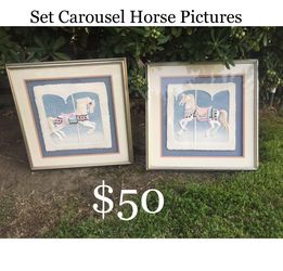$40 CAROUSEL 🎠 HORSE PICTURES SET OF 2 WALL ART PAPER PASTELS PINK BLUE BABYS ROOM NURSERY MERRY GO ROUND LOVER COLLECTOR VINTAGE RARE WHIMSICAL 90s 