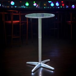 Aluminum Indoor Outdoor 23.75" Round Restaurant Bar Height 45" Table flip top, Patio Stainless Steel Silver Furniture 25.75" Base Bar Height Metal Tab