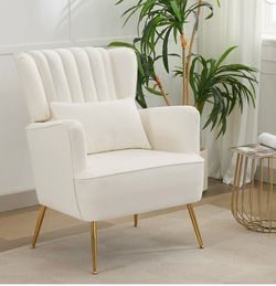 Fabric Accent Mid Century Modern Armchairs with Pillow, 8.5" Thick Cushions & Gold Legs, Upholstered Comfy Living Room/Bedroom Chairs, White