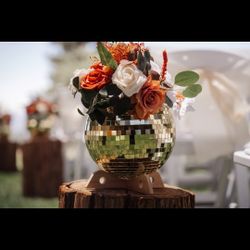 (6)  Gold Disco Ball Vases With Stands