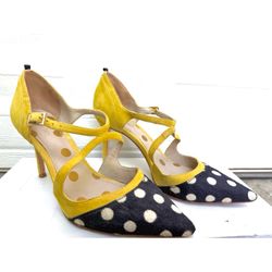 Boden Trisha Yellow Suede w/ White Navy Polkadot Heels 3.5” Shoe Sz 38 US W 7
