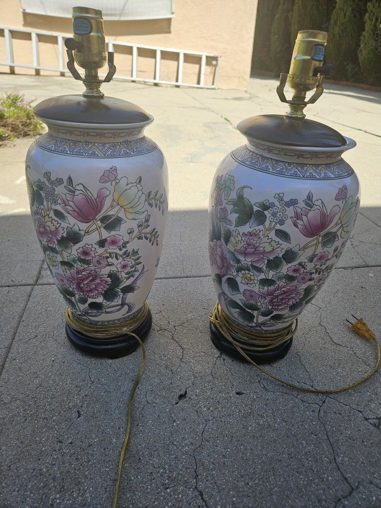 Pair of Vintage Asian Oriental Porcelain Floral Table Lamps