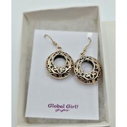 Global Girl Double Disk Etched Silver Dangle Earrings Fish Hook