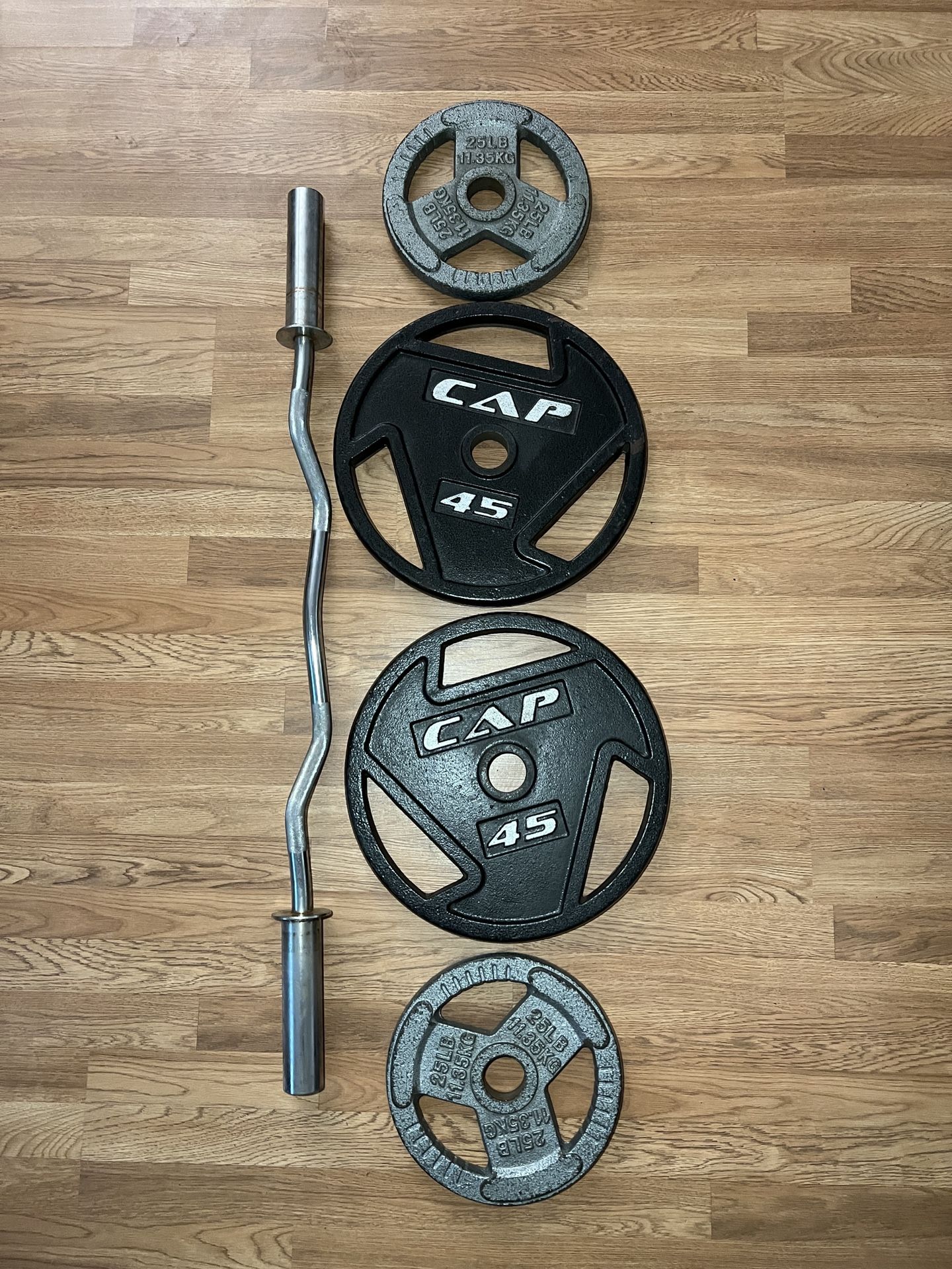 Olympic Weight Plates + EZ Curl Bar (165 lbs total)