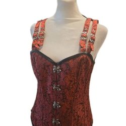 ♥️New! VINTAGE Lace Up Corset Brocade Floral Red Black ( XXL) Fairycore Womens Large Goth Steampunk ( reseda ca)