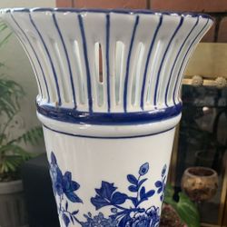 Flower Base 14” High Ceramic White And Blue