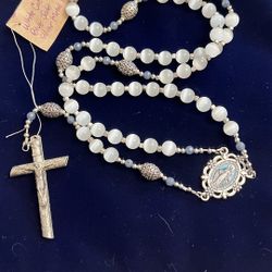 Large one of a kind Hand Crafted Rosary Made With White Cat Eye and Blue Jade Stones