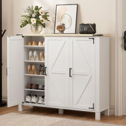 47.3" Farmhouse Freestanding Entryway Storage Organizer Cabinet, Shoe Rack, White Creme