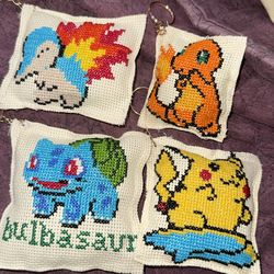 4 keychains Pokémon cross stitch