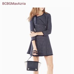 BCBGMAXAZRIA Linza Fringe Trim Knit Fit & Flare Dress M Drop Waist Navy Print