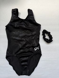 Size Child Medium GK Black Metallic Gymnastics Leotard w/ Scrunchie