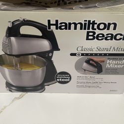 Hamilton Beach Classic Stand and Hand Mixer, 4 Quarts, 6 Speeds with QuickBurst, Bowl Rest, 290 Watts Peak Power, Black and Stainless