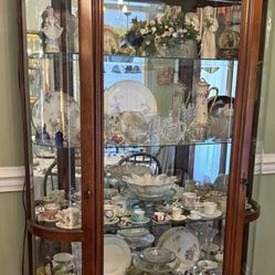 Curved Glass Hutch Curio Cabinets Display Oak Shelves Glass 