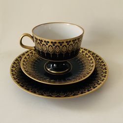 Vintage Cobalt Blue @ Gold Porcelain Trio Cup Saucer, Desert Plate Lichte GDR 