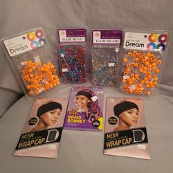 All New Never Opened - Beauty Accessories -Hair  Beads 4 Packs - 2 Velcro Closure Mesh Deluxe Luxury Wrap Caps  - Kids Satin Braid Bonnet 