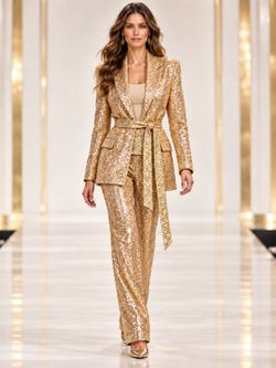 Gold Sequin Blazer and Pants Suit Set