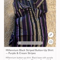 Millennium Black Striped Button-Up Shirt Purple & Stripes size 24 long sleeve
