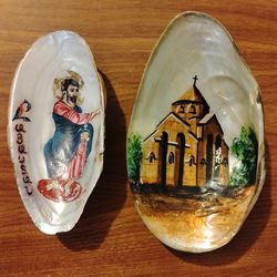 Two vintage Armenian Church and  Christian 6 in and 5 in religion hand painted Rock Oyster Shells decoration
