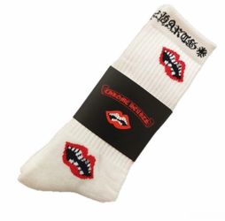 Chrome Hearts White Crew Socks Red Lips Logo Cushioned Ribbed Cotton 1 Pair