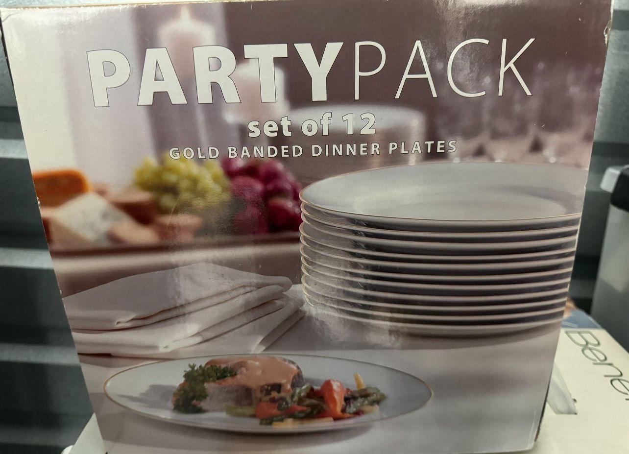 Brand New White Dishes With Gold Rim Set Of 12