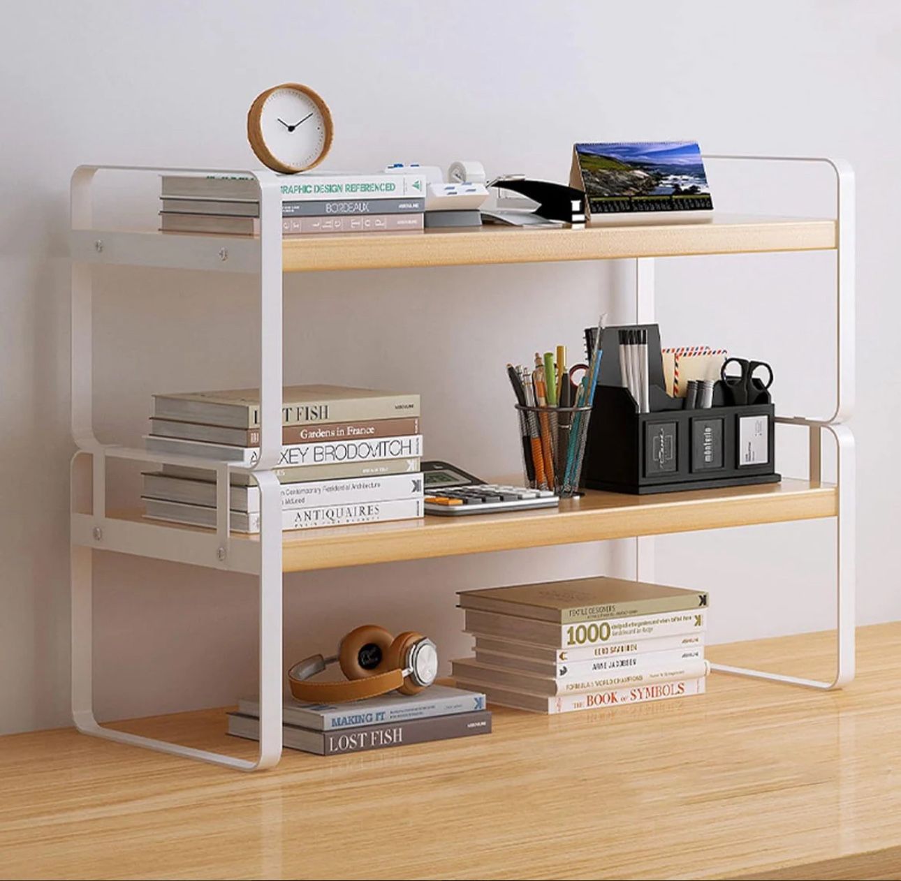 Cabinet Organizers Shelf Rack Kitchen Counter Shelves Kitchen Storage Set of 2 - White