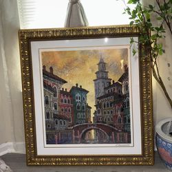Framed (41.5” X38 1/4 seriolithograph titled Venice Yellow Sunset by Ukrainian-American artist Anatole Krasnyansky. 