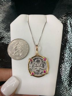 Atocha silver coin pendant in gold bezel with silver chain