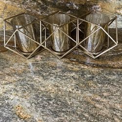 Triple Gold Metal And Glass Candle Holder