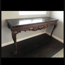 Antique Carved Wood Marble Long Console Side Table