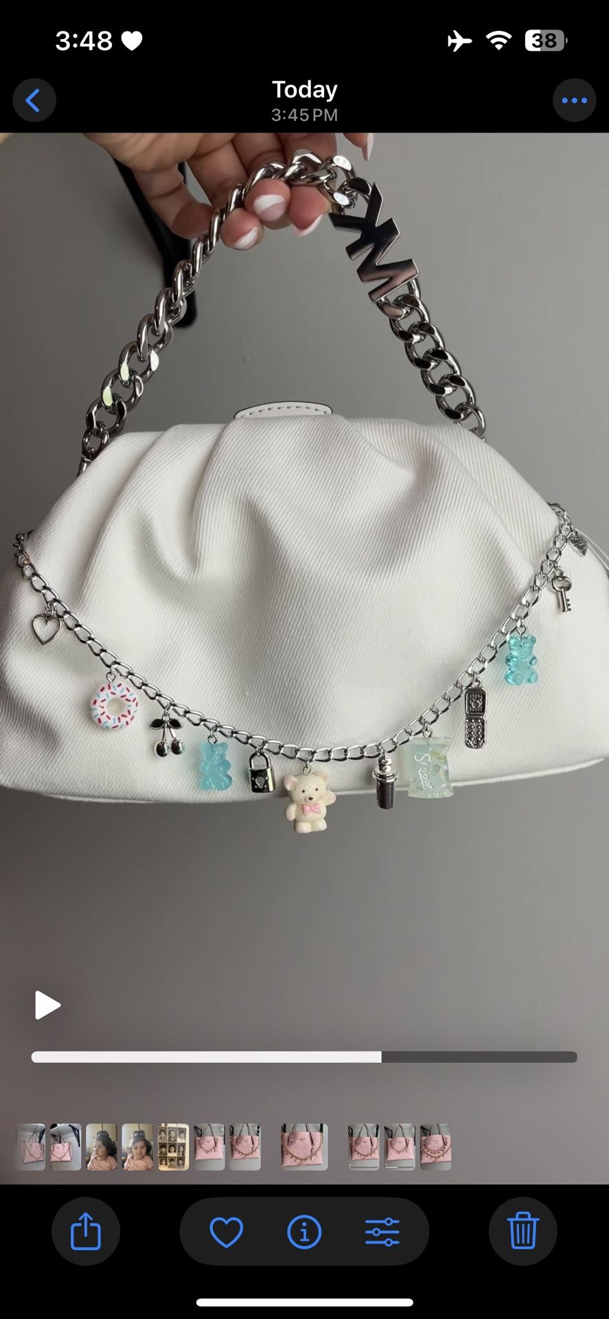 Silver chain strap extender with blue charms